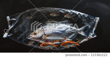 Illustrative representation of fish in water wrapped in plastic foil, conceptual representation of fish as food, overfishing and exploitation of the oceans 123362222