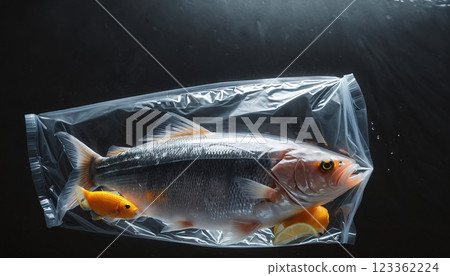 Illustrative representation of fish in water wrapped in plastic foil, conceptual representation of fish as food, overfishing and exploitation of the oceans 123362224