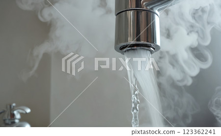 Close-up of a tap from which hot water flows, energy consumption and costs of hot water production 123362241
