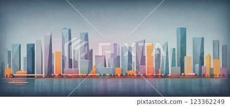 Illustrative color illustration of a cityscape or skyline of a distant city in a graphic style 123362249