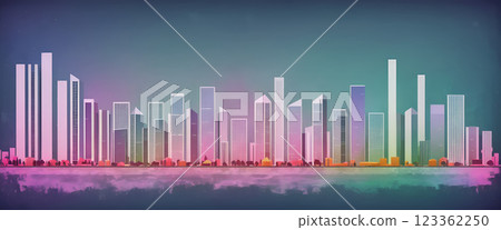 Illustrative color illustration of a cityscape or skyline of a distant city in a graphic style 123362250