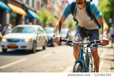Cyclist or commuter who travels around the city by bike in summer, goes to work, does errands or shopping 123362305