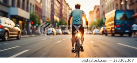 Cyclist or commuter who travels around the city by bike in summer, goes to work, does errands or shopping 123362307