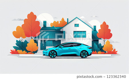Illustrative graphic depiction of a modern family home with a modern electric car in front of the property, success and prosperity 123362340