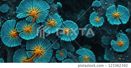 Microscopic magnification of spreading and growing molds or mold fungus on organic tissue producing toxic poisons 123362392