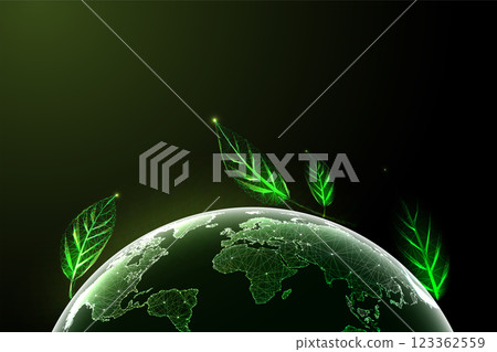 Glowing green wireframe leaves sprouting from digital Earth. Environmental responsibility.  123362559