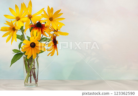 Autumn banner with beautiful flowers in vase on sunny background, seasonal still life with rudbeckia, abstract floral arrangement, holiday card, selective focus. 123362590