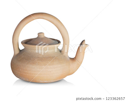 side view antique brown clay teapot on white background, object, vintage, decor, fashion, copy space 123362657