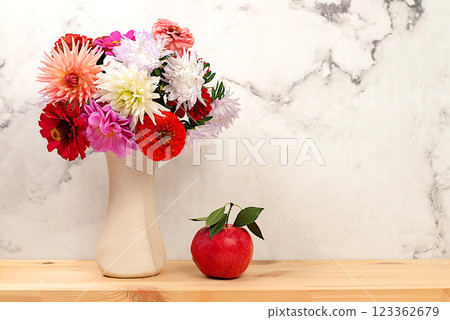 Abstract floral composition, Beautiful still life with bouquet of dahlias, asters, marigolds on old marble table, autumn banner, rustic style, holiday card, selective focus. 123362679
