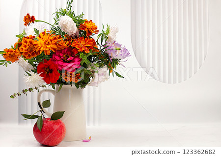 Abstract floral composition, Beautiful still life with bouquet of dahlias, asters, marigolds on marble table, autumn banner, rustic style, holiday card, selective focus. Abstract floral composition, Beautiful still life with bouquet of dahlias, asters, marigolds on marble table, autumn banner, rustic style, holiday card, selective focus. 123362682