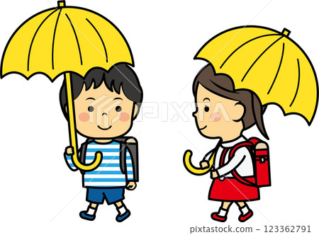 Elementary school students holding umbrellas Elementary school students holding umbrellas 123362791