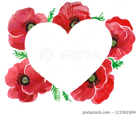 Heart and poppies.  Bird sitting on a tree branch. Hand drawn watercolour illustration 123362804