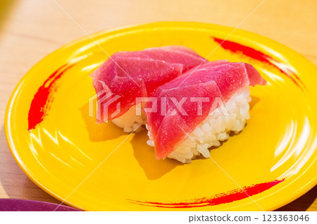 Red tuna at a conveyor belt sushi restaurant Red tuna at a conveyor belt sushi restaurant 123363046