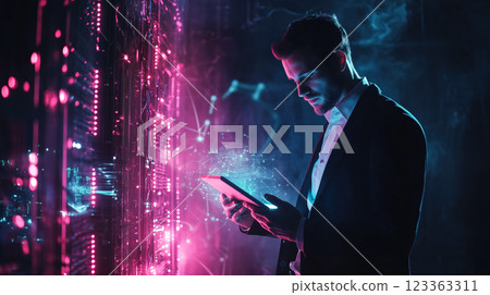 An IT support specialist uses a tablet while working in a server room. The concept of network management, data security, and technology maintenance. Generative AI. 123363311