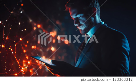 An IT support specialist uses a tablet while working in a server room. The concept of network management, data security, and technology maintenance. Generative AI. 123363312