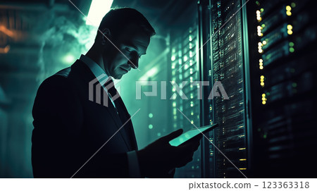 An IT support specialist uses a tablet while working in a server room. The concept of network management, data security, and technology maintenance. Generative AI. 123363318