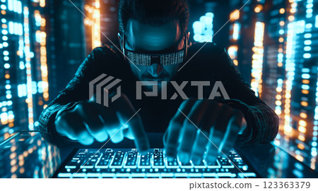 An IT support specialist uses a tablet while working in a server room. The concept of network management, data security, and technology maintenance. Generative AI. 123363379