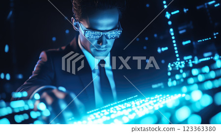 An IT support specialist uses a tablet while working in a server room. The concept of network management, data security, and technology maintenance. Generative AI. 123363380