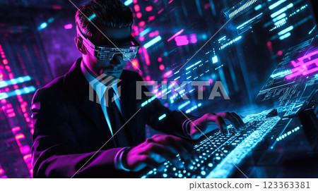 An IT support specialist uses a tablet while working in a server room. The concept of network management, data security, and technology maintenance. Generative AI. 123363381