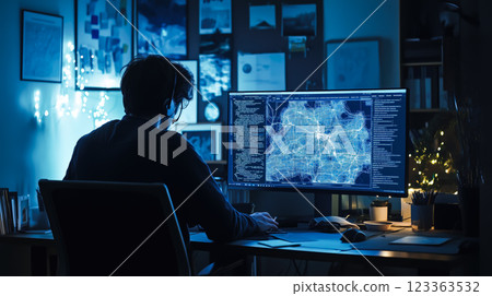 A kid boy learns online using futuristic technology. The concept of the integration of advanced digital tools in education, and learning experiences for the future generation. Generative AI. 123363532