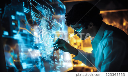 A kid boy learns online using futuristic technology. The concept of the integration of advanced digital tools in education, and learning experiences for the future generation. Generative AI. 123363533