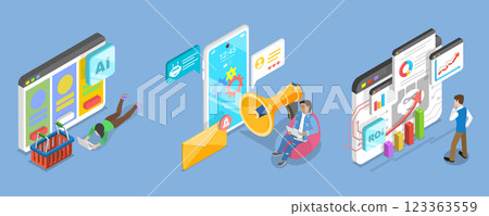 3D Isometric Flat Vector Illustration of ROI, AI Technologies and Financial Income Strategy 123363559