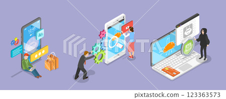 3D Isometric Flat Vector Illustration of Data Security in E-commerce, AI In Online Shopping 123363573