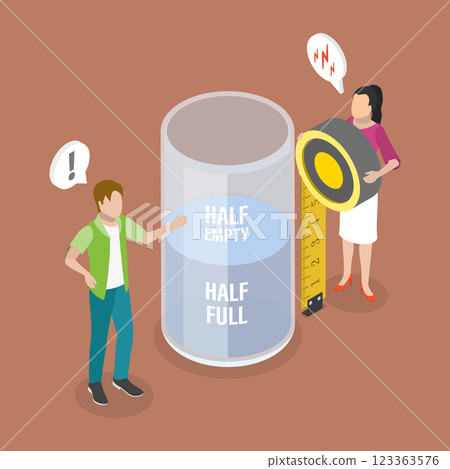 3D Isometric Flat Vector Illustration of Optimist And Pessimist, Half Full and Half Empty Glass 123363576