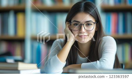 A student woman learns online with futuristic technology. The concept of education, innovation, and digital learning. Generative AI. 123363597