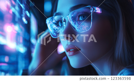 A student woman learns online with futuristic technology. The concept of education, innovation, and digital learning. Generative AI. 123363598