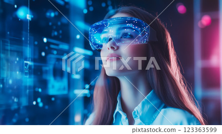 A student woman learns online with futuristic technology. The concept of education, innovation, and digital learning. Generative AI. 123363599