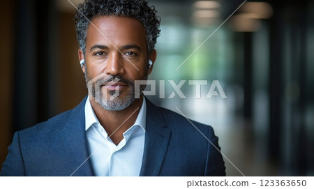 business professional wearing discreet hearing aids engages confidently in meeting room promoting inclusivity and accessibility in workplace. 123363650