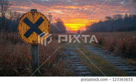 weathered yellow and black circular railroad crossing sign stands beside railway tracks sunset. approaching train is visible in distance framed colorful twilight sky. 123363653