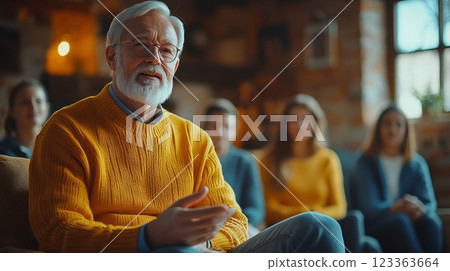deaf employee leads workplace discussion using sign language while colleagues attentively follow along. 123363664