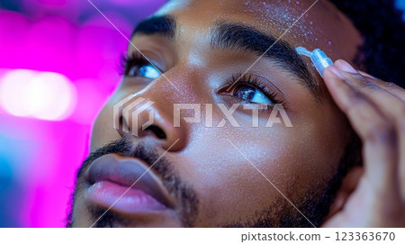 man tilts his head back carefully apply eye drops seeking relief for his tired eyes. blurred computer screen highlights his focus on work in vibrant setting. man tilts his head back carefully apply eye drops seeking relief for his tired eyes. blurred computer screen highlights his focus on work in vibrant setting. 123363670