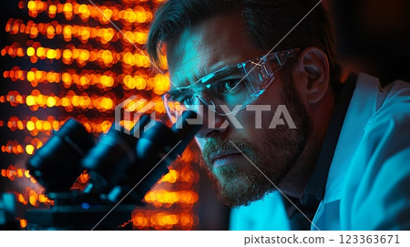 Close attention is given scientist wearing protective eyewear and lab coat while analyzing kidney tissue samples through high powered microscope. 123363671