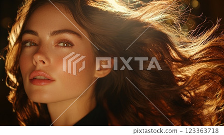 stylist expertly uses high speed hairdryer creating stunning visual of hair in motion. dramatic dark background enhances lively energy and beauty of moment. 123363718