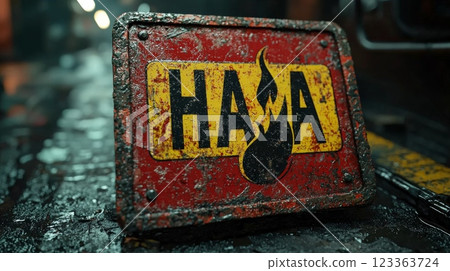 sign is brightly colored in red and yellow featuring black flame symbol warn of flammable materials. Its worn metal surface suggests industrial usage and importance in safety. 123363724