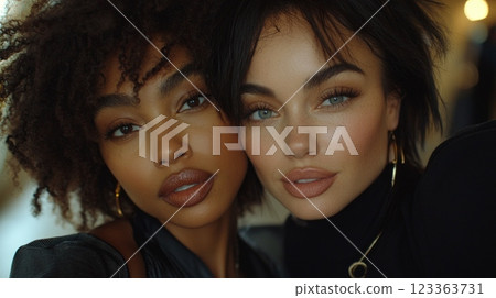 Two stylish women showcase stunning beauty salon ambiance while posing for fun mirror selfie highlighting chic decor and elegant lighting in trendy setting. 123363731