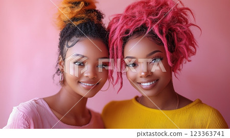 Two stylish women pose for trendy mirror selfie in chic salon. elegant decor and soft lighting enhance their vibrant hair and cheerful expressions reflecting modern beauty experience. 123363741