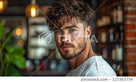 man showcases relaxed quiff hairstyle within casual barbershop. His voluminous top contrasts short tapered sides creating stylish look in inviting environment. 123363754