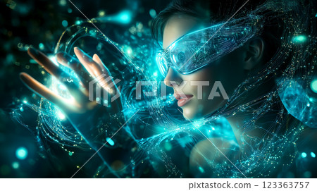 A woman interacts with a neural network display. The concept of online learning, future technology, and the curiosity-driven exploration of AI. Generative AI 123363757