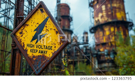 weathered yellow triangular sign warns of high voltage black lightning bolt positioned on fence industrial site highlighting electrical hazards amid old machinery. 123363795