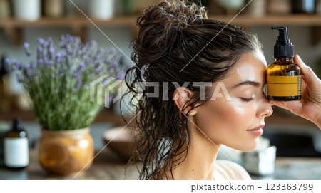 therapist gently massages herbal oil into client's hair amid elegant lavender rosemary and chamomile. soothing atmosphere features soft lighting and earthy tones. 123363799