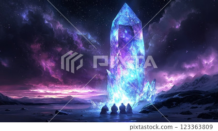 glow of aurora borealis snow covered warriors kneel before stunning ice altar offering tokens of their ancestors in solemn reverence. 123363809