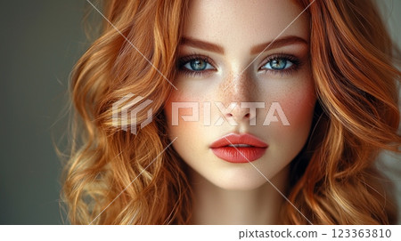 campaign features model vibrant red locks styled in soft waves dramatic smoky eyes create powerful contrast against dark background. 123363810
