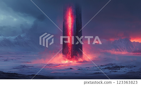 towering altar crafted from black material absorbs light surrounded strange tentacles emanating unknown energy as glowing glyphs shift in otherworldly display. 123363823