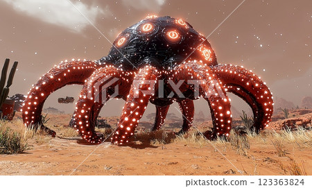 On barren exoplanet eerie alien altar made from dark material towers pulsating tentacle like structures. Glowing glyphs shift rapidly defying human understanding. 123363824