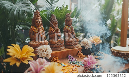 vibrant Yoruba altar is adorned Orisha statues colorful beads and sacred offerings as priestess in white robes chants in trance surrounded incense and drum sounds. 123363832