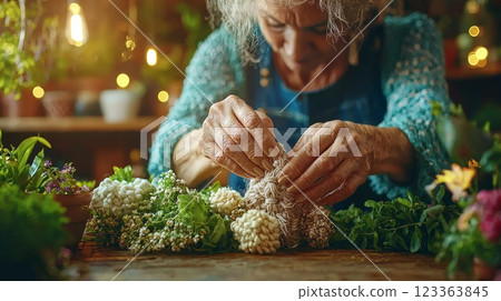 Hands skillfully knot thick natural cotton ropes into intricate macram wall hanging. artisan creates in cozy workspace adorned hanging plants and wooden shelves. 123363845